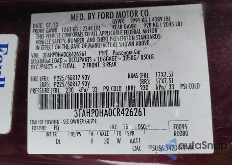 2012 Ford Fusion Se from USA, damaged, VIN 3FAHP0HA0CR426261